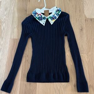 J. Crew Navy Sweater with Floral Beaded Collar